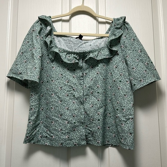 ANN TAYLOR Square Neck Grenn Floral Ruffle Top Sz Large - Picture 1 of 5